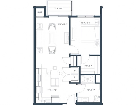 Floor plan for 1 bed, 1 bath, 792 sqft